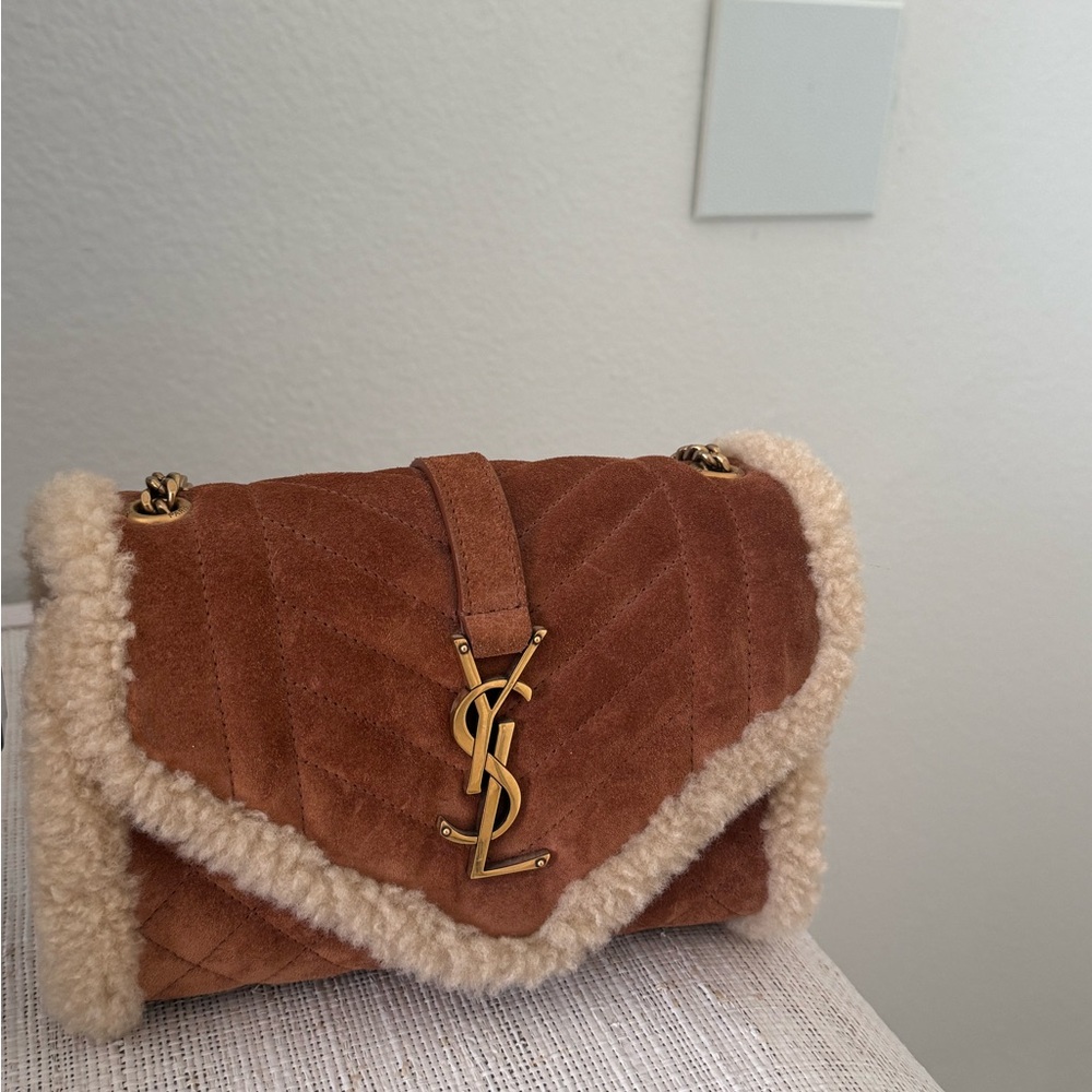 Authentic YSL envelope shearling-trimmed shoulder bag